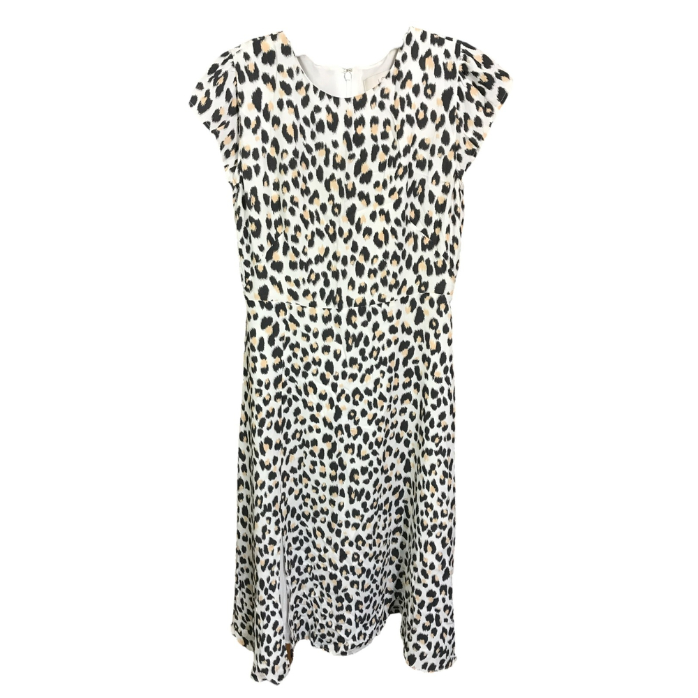 LOFT White Peach Black Animal Print Crew Neck‎  Below Knee Dress